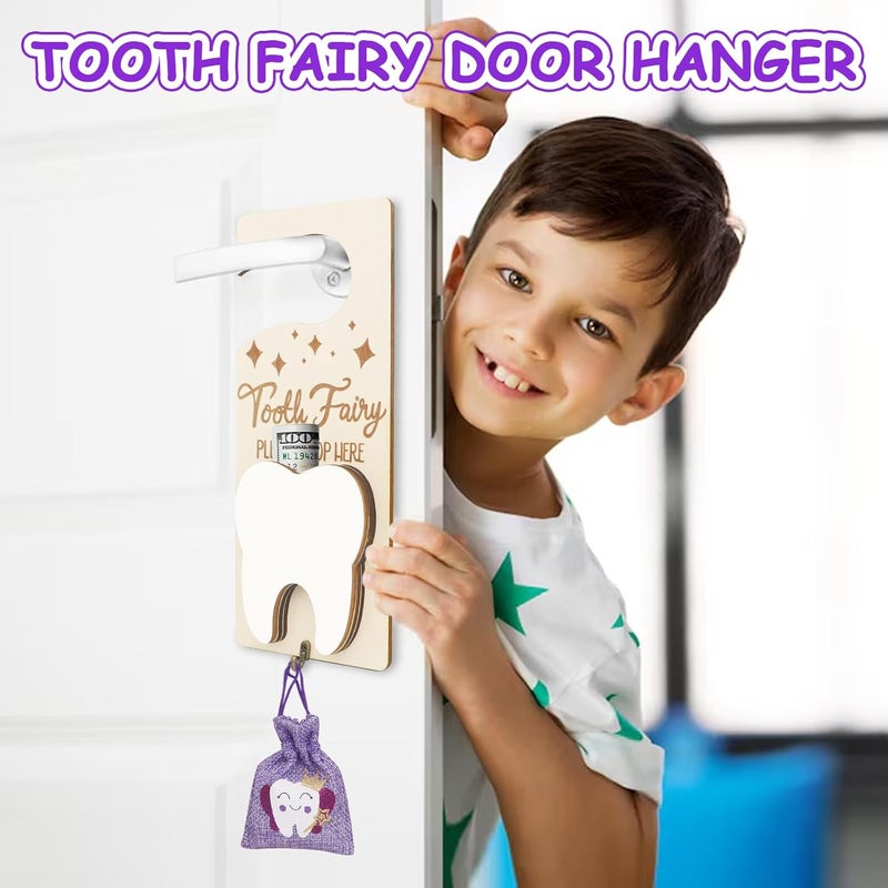AINBIN Tooth Fairy Tooth Holder, Tooth Fairy Door Hanger with Money Slot, Keepsake Bottle & Burlap Pouch for Lost Teeth, Encourage Gift for Boys Girls (Purple) - Image 2